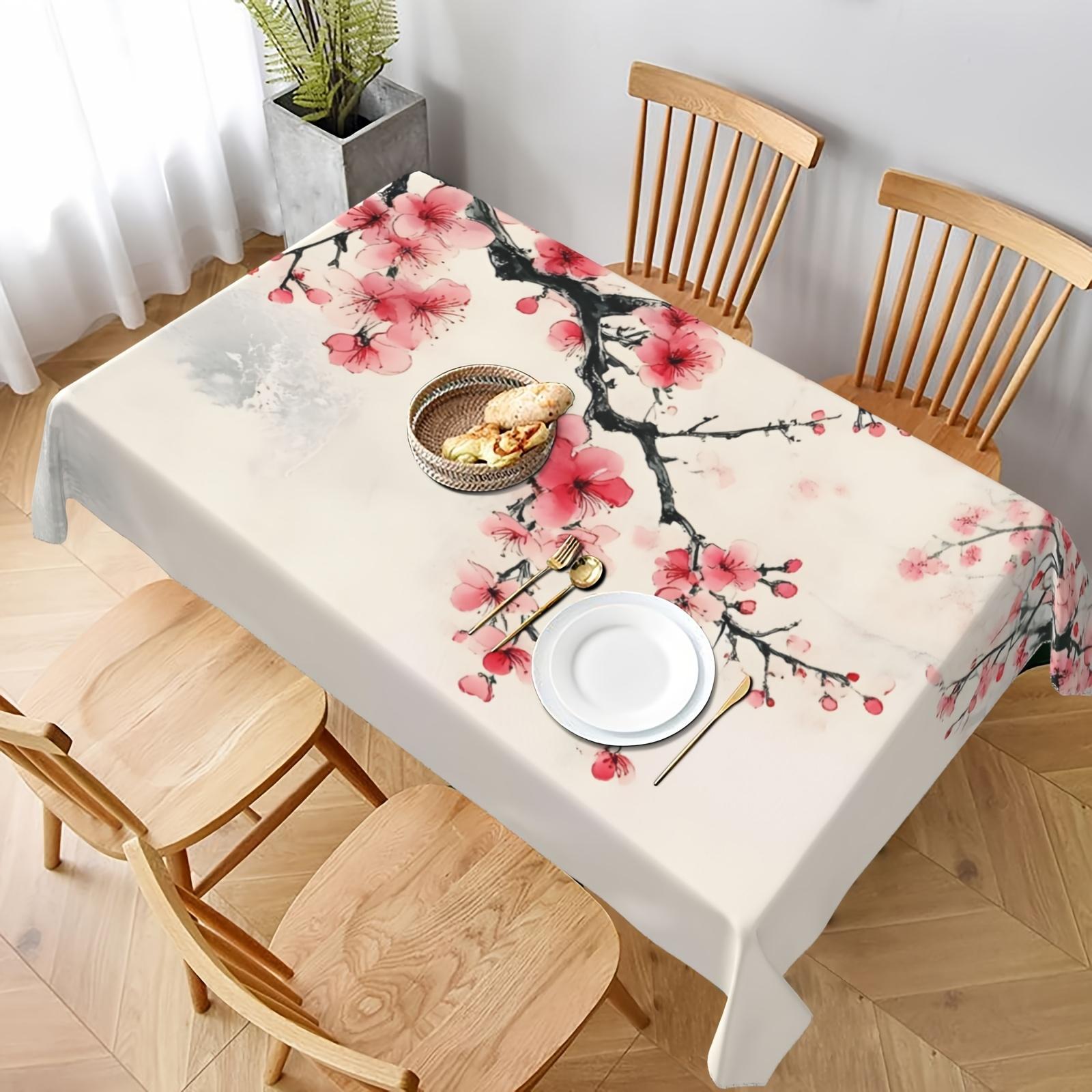 Rectangular polyester tablecloth adorned with geometric cherry blossom patterns - of excellent quality, heat-resistant and wear-resistant, suitable for various occasions such as dining tables, parties, restaurants, coffee tables, etc