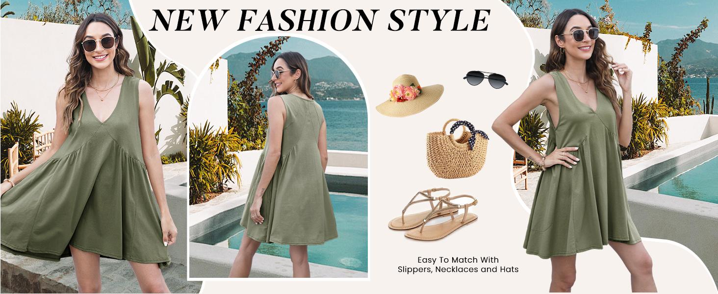 YeeZaa Women's Sleeveless V-Neck Mini Sundress with Pockets 2026 Spring Summer Casual Loose Summer Dress Comfortable Breathable Fabric Solid Color Basic Minimalist Fit Green