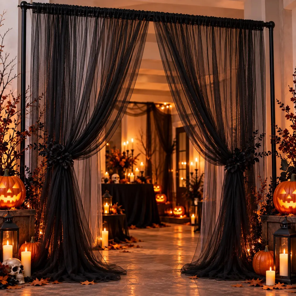 2-Pack Rod-Pass Mesh Curtains with Rod Bag, Halloween Party Decor Door Curtain, Haunted House Backdrop, Arch Drapery, Scene Setup, Atmosphere