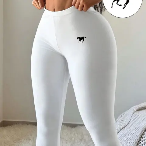 Year of the Horse High Waisted Leggings for Women, Buttery Soft Stretch Tummy Control Yoga Pants, Trendy White Workout Leggings with Cute Horse Print, Squat Proof for Fitness, Casual Streetwear, Gym Workout Bottoms