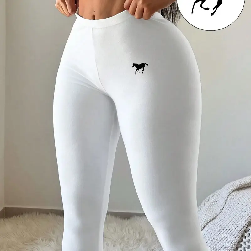 Year of the Horse High Waisted Leggings for Women, Buttery Soft Stretch Tummy Control Yoga Pants, Trendy White Workout Leggings with Cute Horse Print, Squat Proof for Fitness, Casual Streetwear, Gym Workout Bottoms