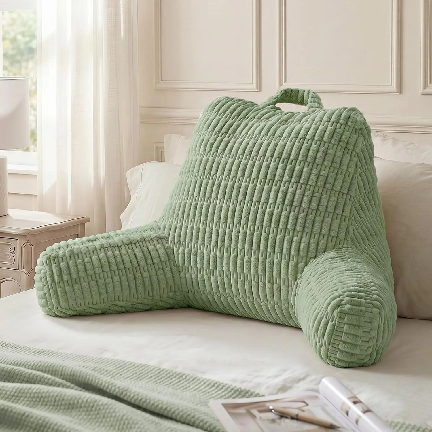 Blissful Diary Reading Pillow, Backrest Pillow with Shredded Memory Foam for Adult & Children, Designed for Bed and Couch Sitting Up, Includes Arms, Pockets and Washable Cover, Sage Green