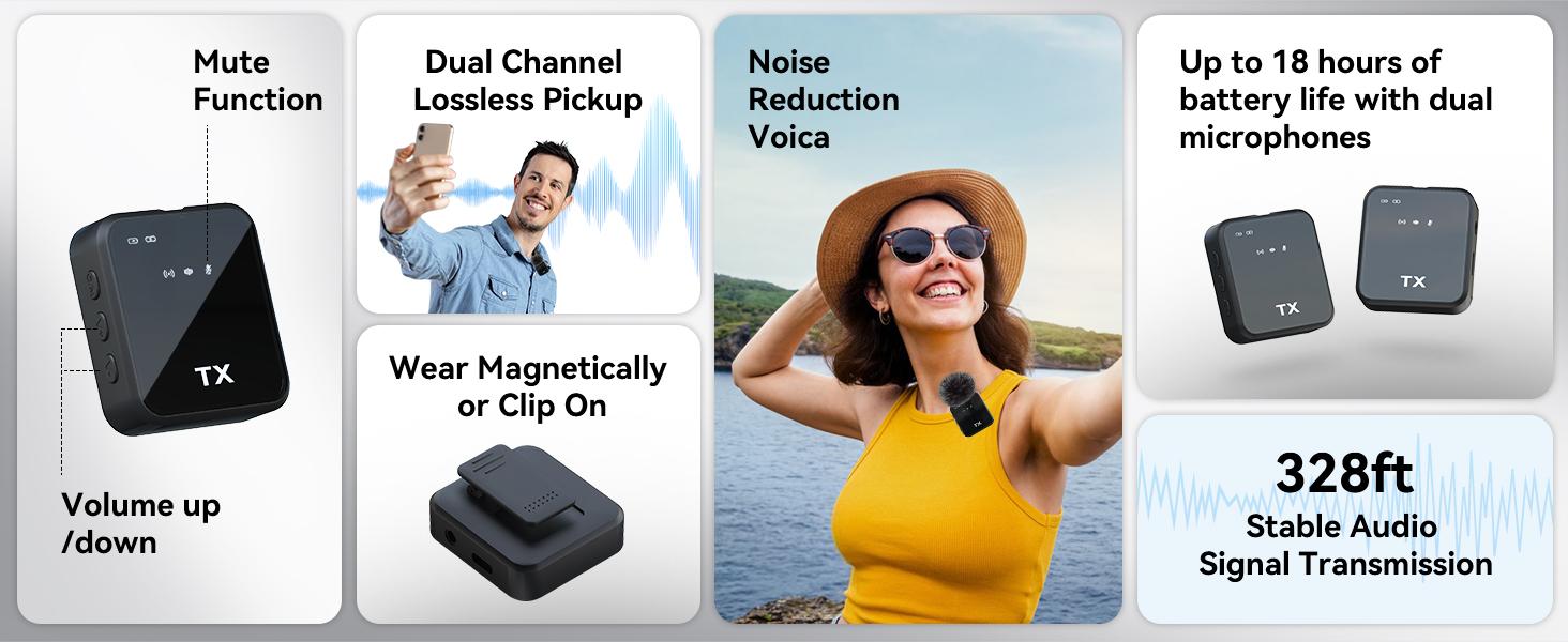 PQRQP 3 in 1 Wireless Lavalier Microphones for iPhone, iPad, Android, Camera, USB-C Microphone, 7-Hour Battery, Mini Microphone with Noise Reduction for Video Recording, Vlog Audio Amplifier Smartphone