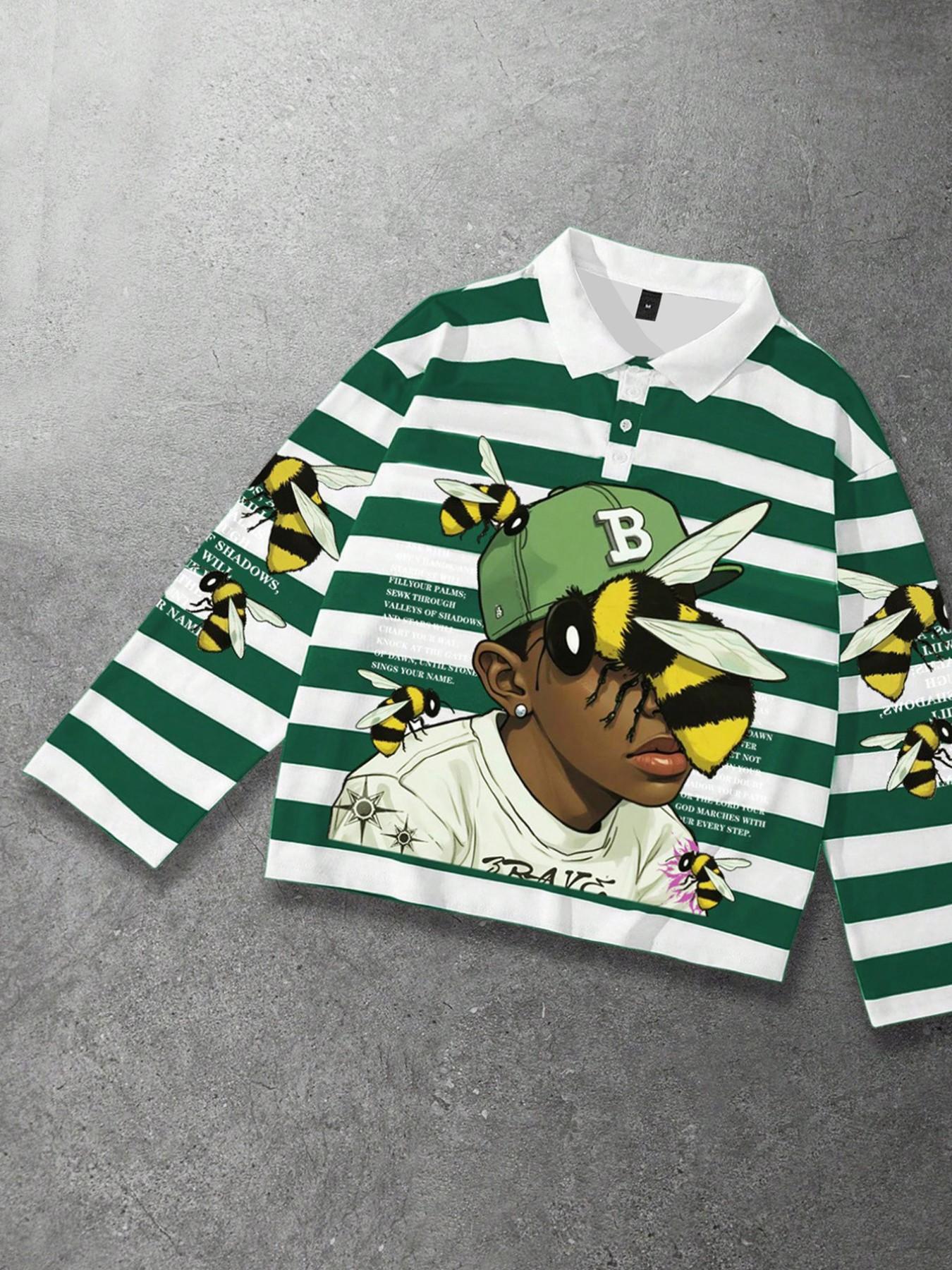 Rapper green striped polo long sleeved men's t-shirt, unisex short trendy brand shirt, Rapper bee print pattern striped polo collar long sleeved shirt collar t-shirt European and American street style Polo Shirts