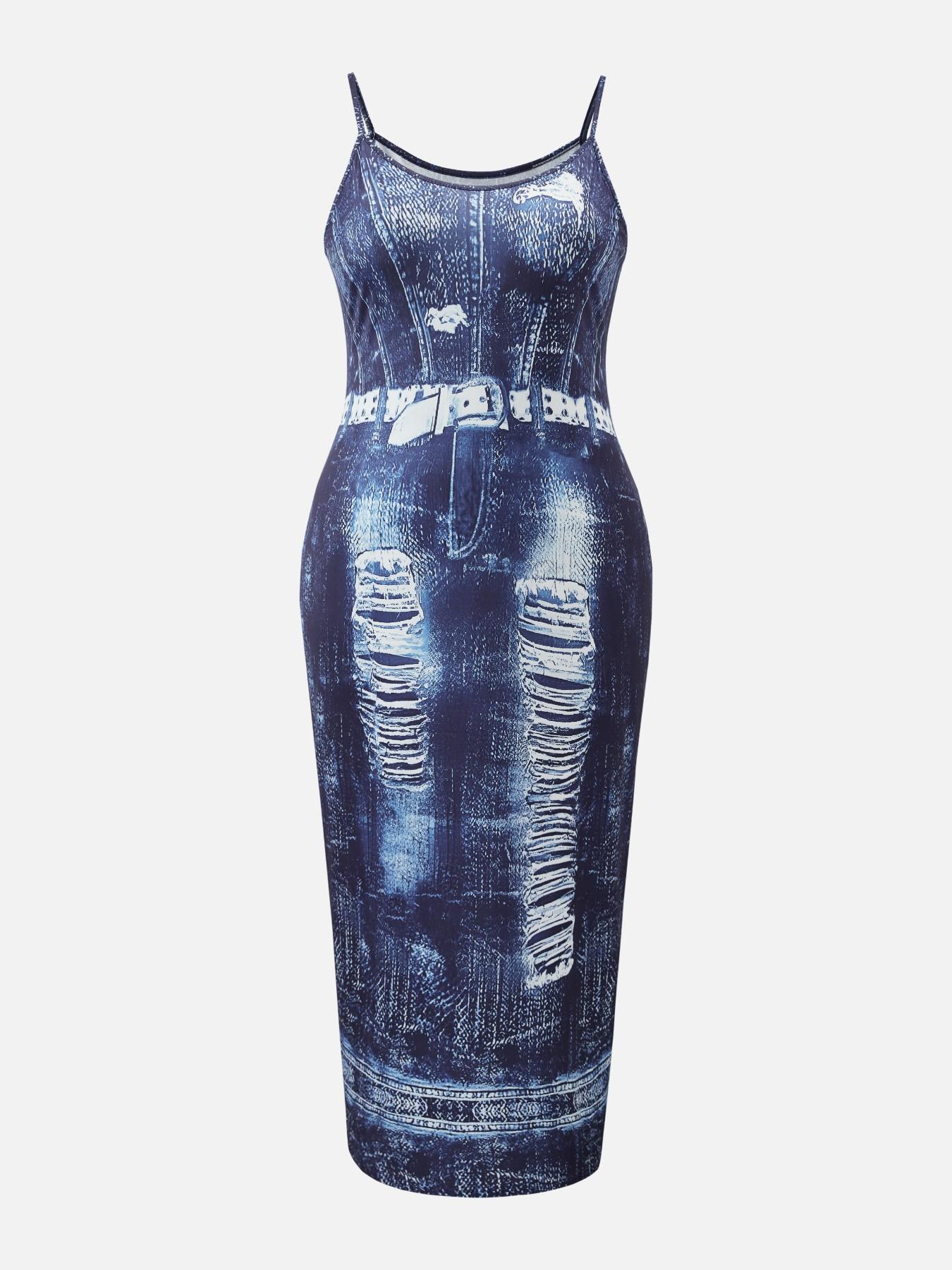 Plus Size Women's Denim Print Fitted Midi Dress, Thin Straps Sexy Summer Street Style, Fashionable Comfortable Design