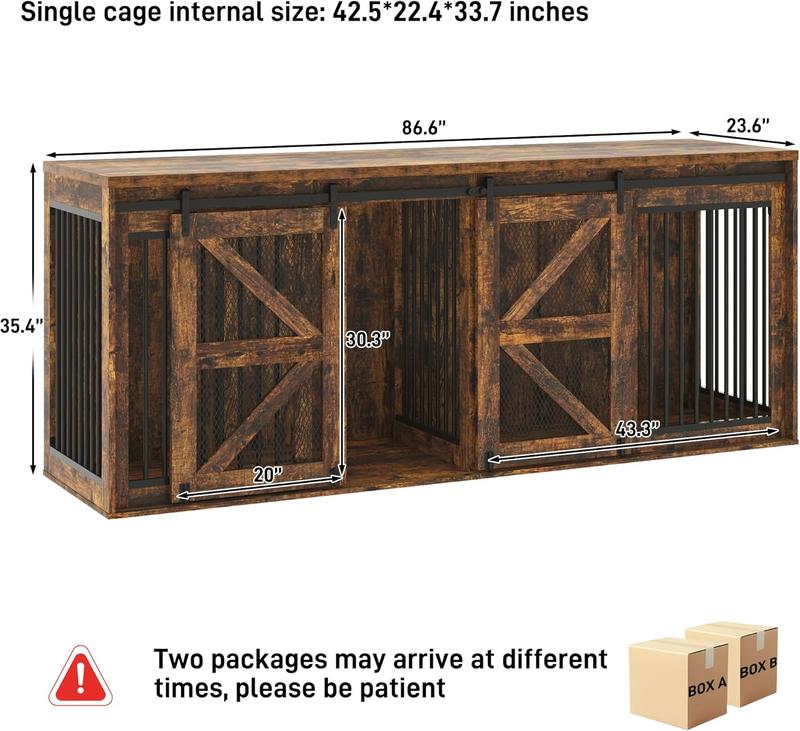 87In Farmhouse Dog Crate TV Stand, Wooden Dog Kennel Furniture with Sliding Metal Mesh Barn Door, Large Dog Crate Furniture for 2 Dogs, Solid Metal Tube & 2 Lockable Doors, White & Brown/Rustic Brown/Black
