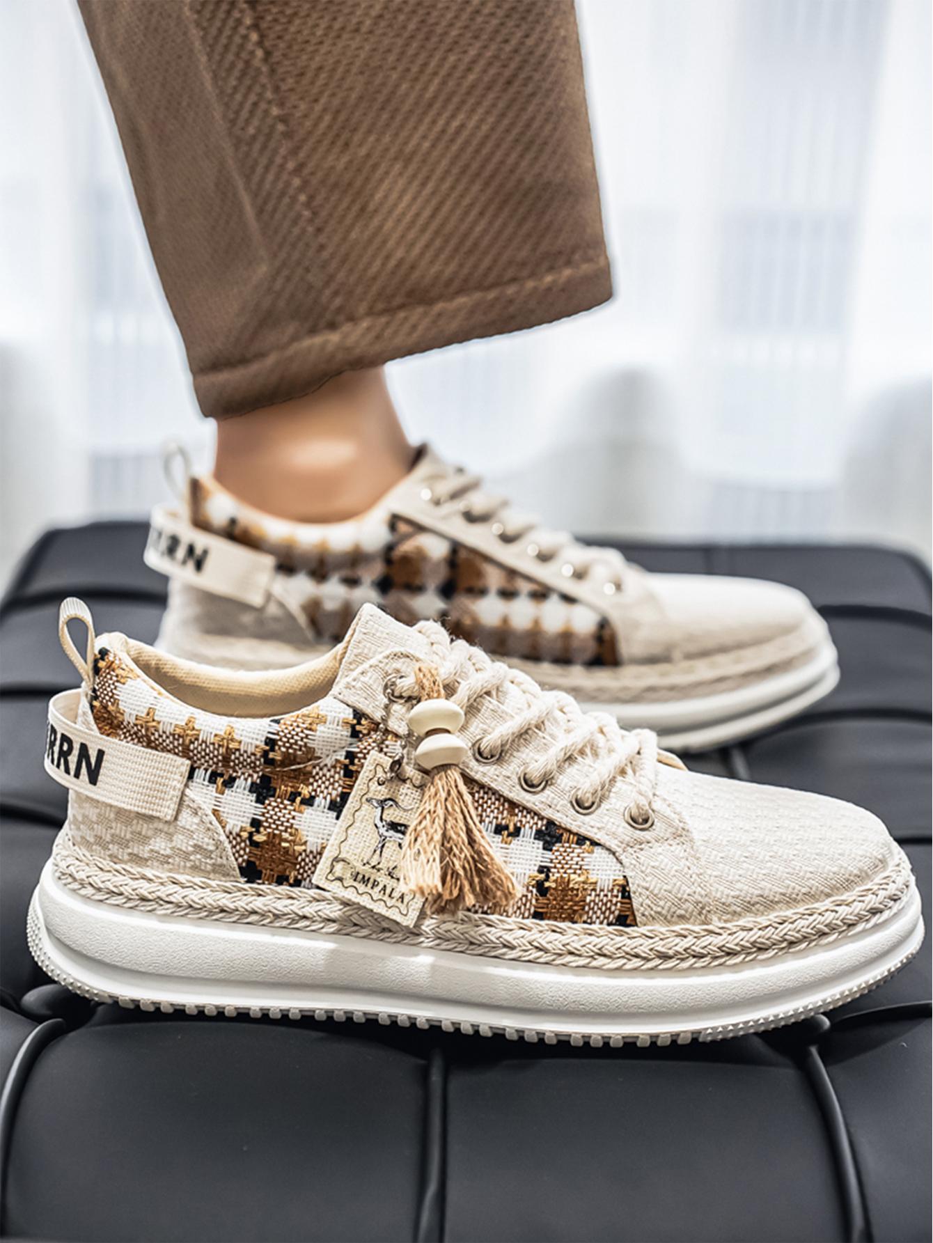 Summer New Men's Retro Plaid Laces, Braided Rope Shoelace Design, Easy-On-Off Hemp Laces, Commuter & Casual Shoes, Versatile Footwear