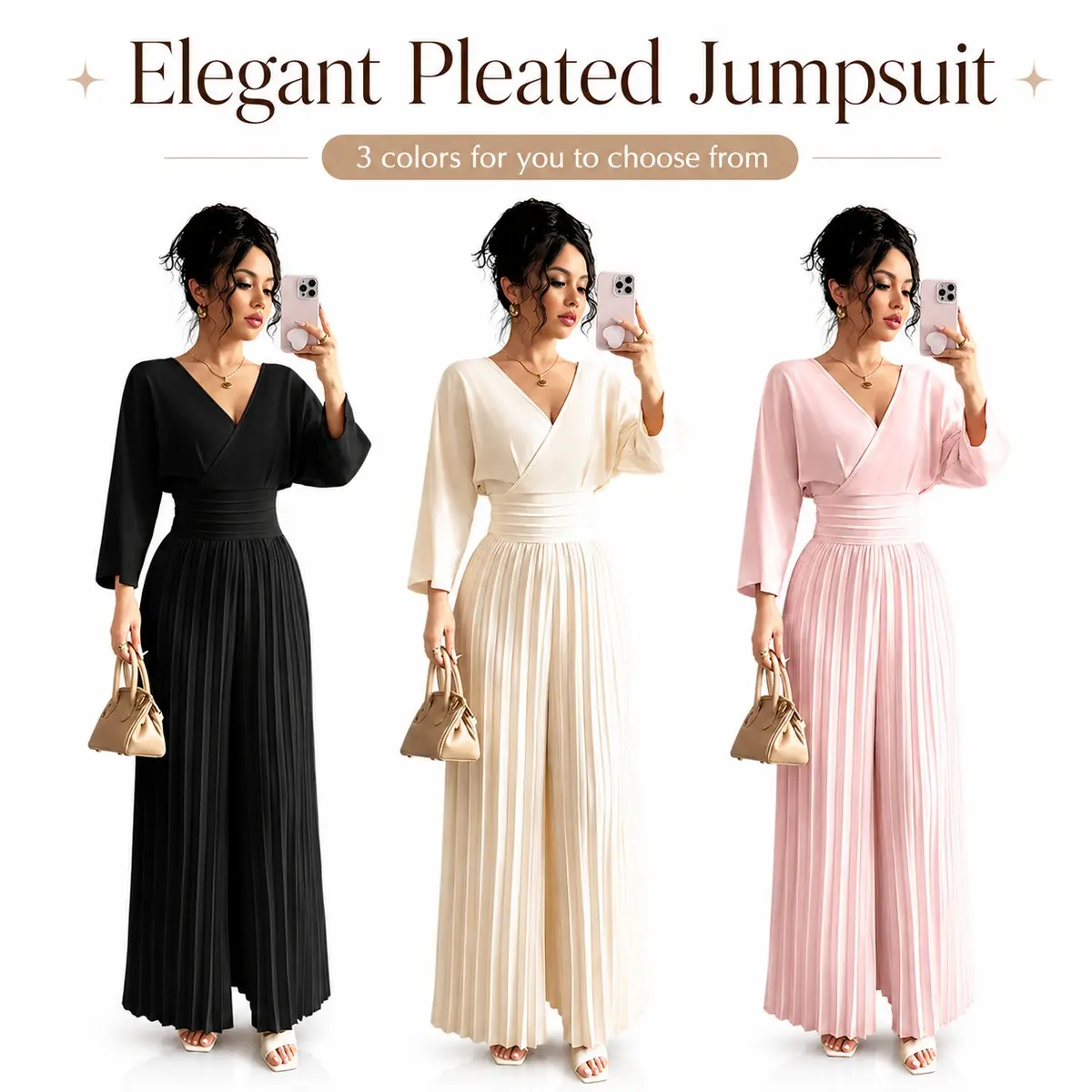 Women's Elegant V-Neck Longsleeves Pleated Wide Leg Jumpsuit, High Smocked Waist, Tie Back, Solid Romper Palazzo Pants for Work Commute, Party Outfits