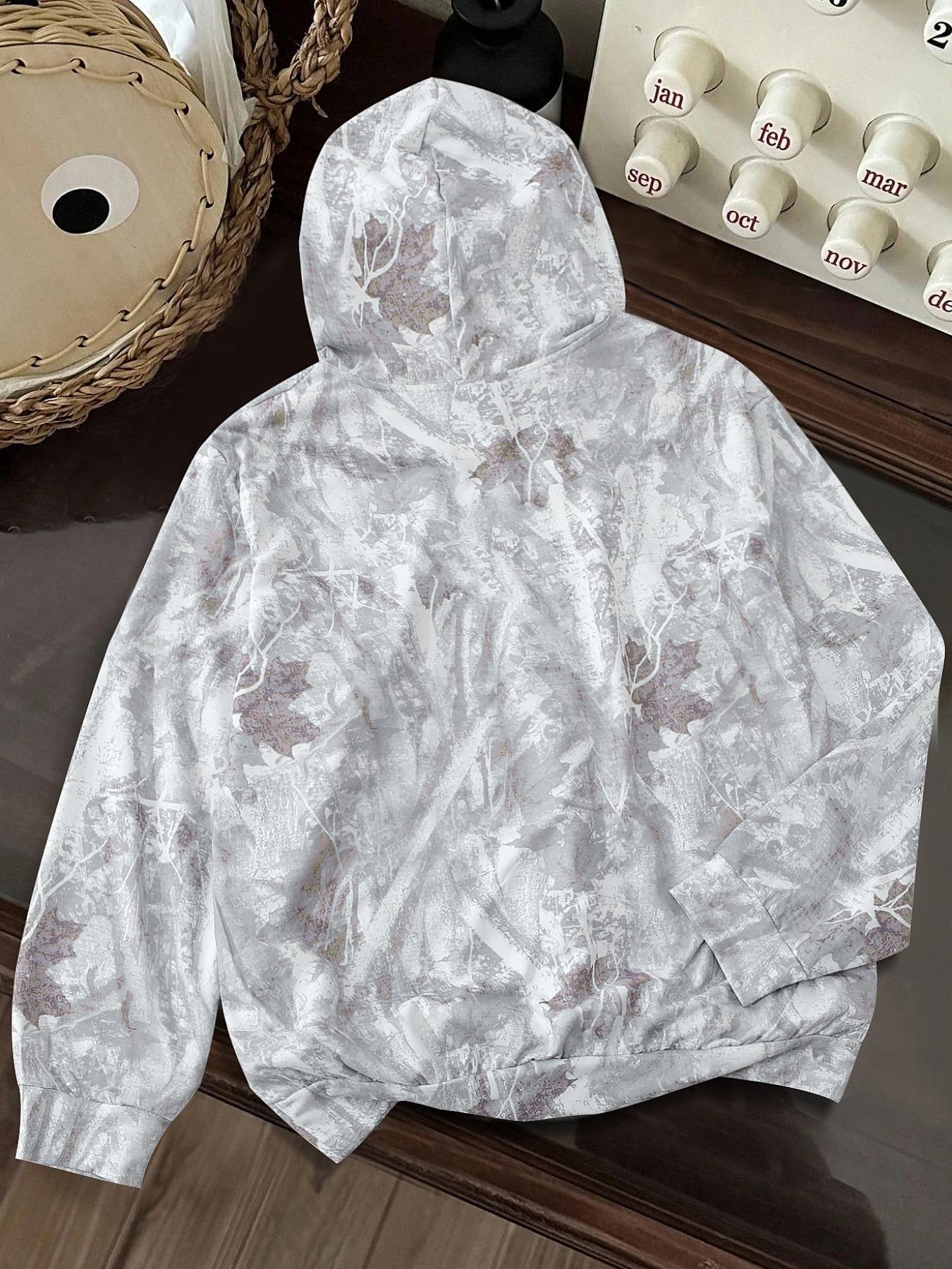 Women's Fall Winter Hooded Sweatshirt, Plant & Camo All over Print, Casual Fitted Woven Fabric, Streetwear Trendy Style, Camouflage