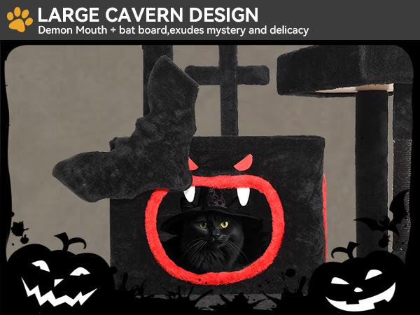 DWVO Gothic Cat Tree with Coffin Bed, 63"/38.6"  Tall Cat Tower for Indoor Cats with Top Perch, Spacious Cat Condos, Spider Hanging Balls,Comfy Hammock, Scratching Post and Ladder, Black Halloween