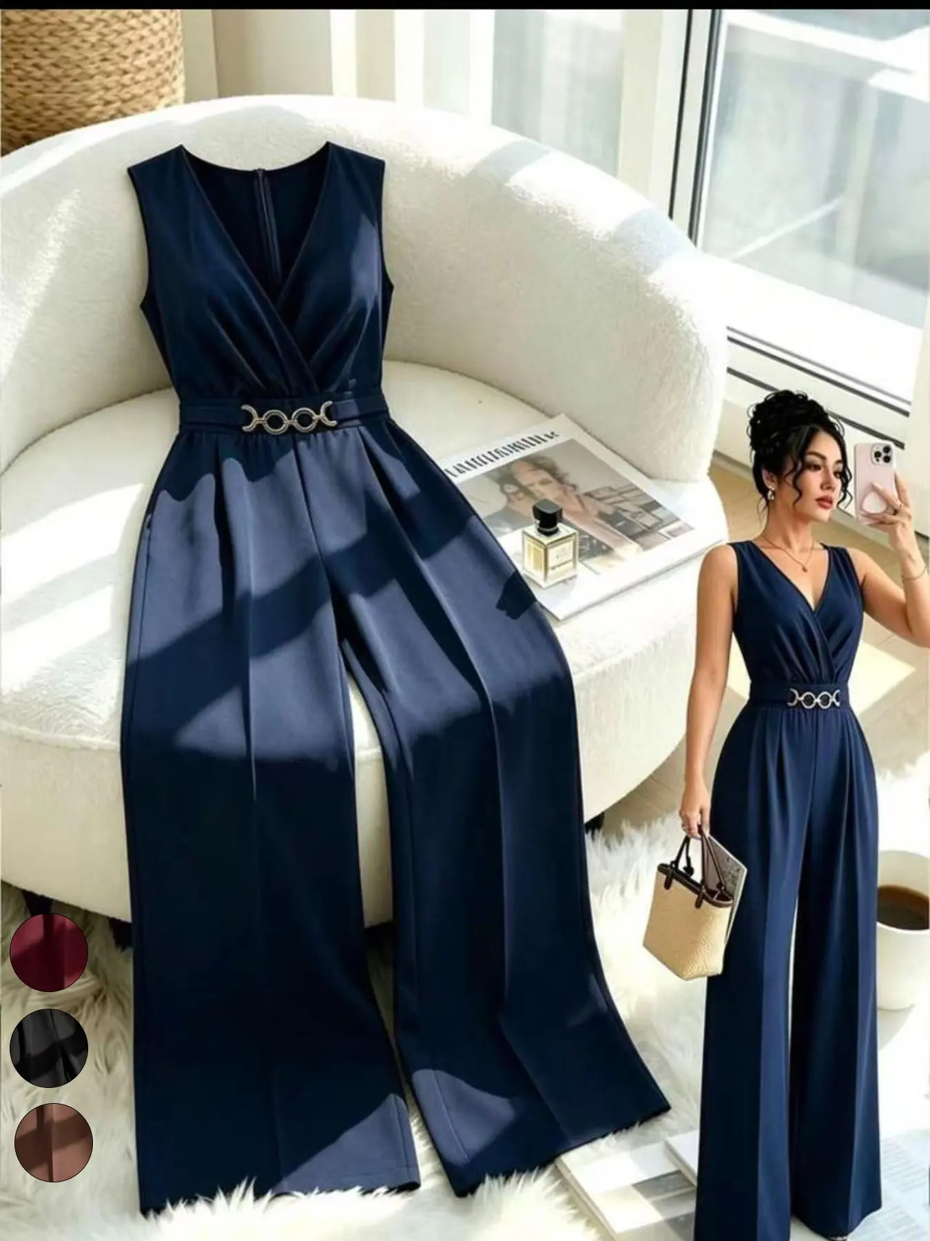 Cross Neck Sleeveless Bodysuit, Metal Ring Waist Belt, Wide Leg Long Dress, Elegant Formal Party Commute, Women's Fashion