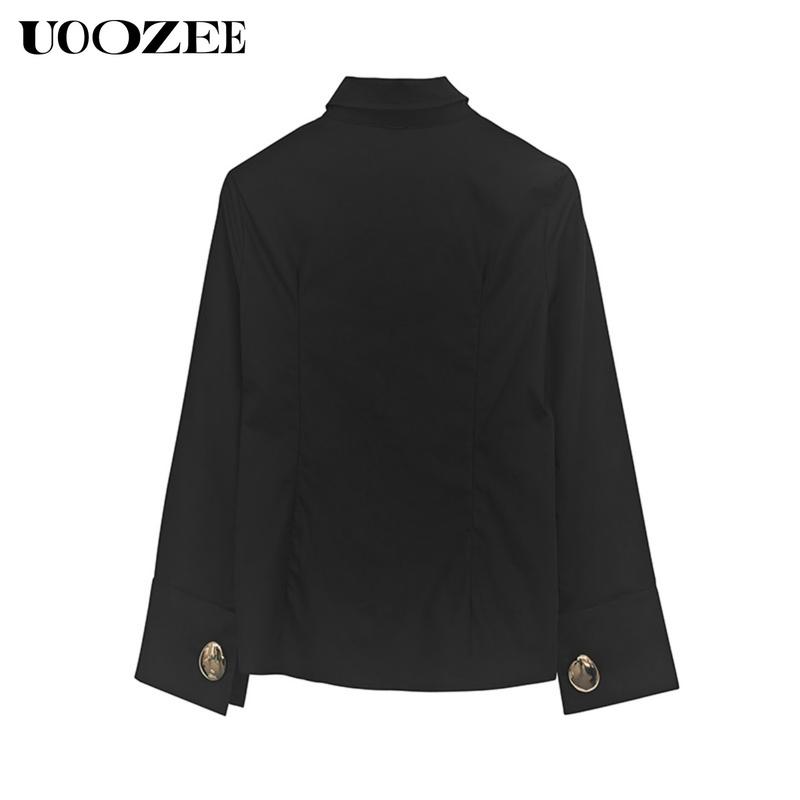 UOOZE Women's long-sleeved Slim Fit button-down solid color lapel shirt top, 100% cotton, embellished with gold buttons, suitable for multiple occasions all seasons blouses (One Size Up Recommended for C - Cup and Above) Casual cute fall outfits