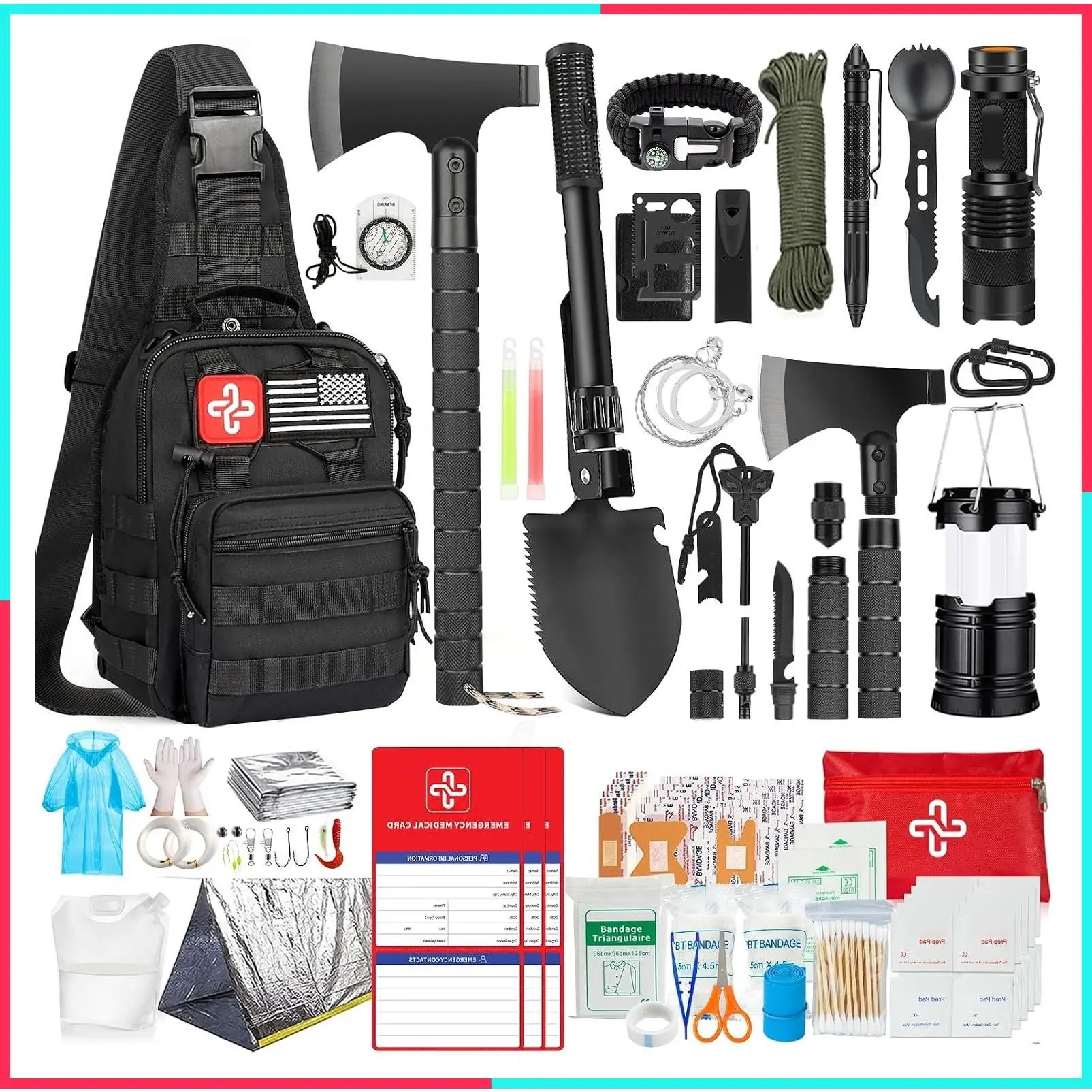 262Pcs Survival Gear Kit with First Aid Kit Pouch, Crossbody Bag, Tent, Camping Axe Hammer, Survival Shovel with Pick, Emergency Bug Out Bag Gifts for Men Women