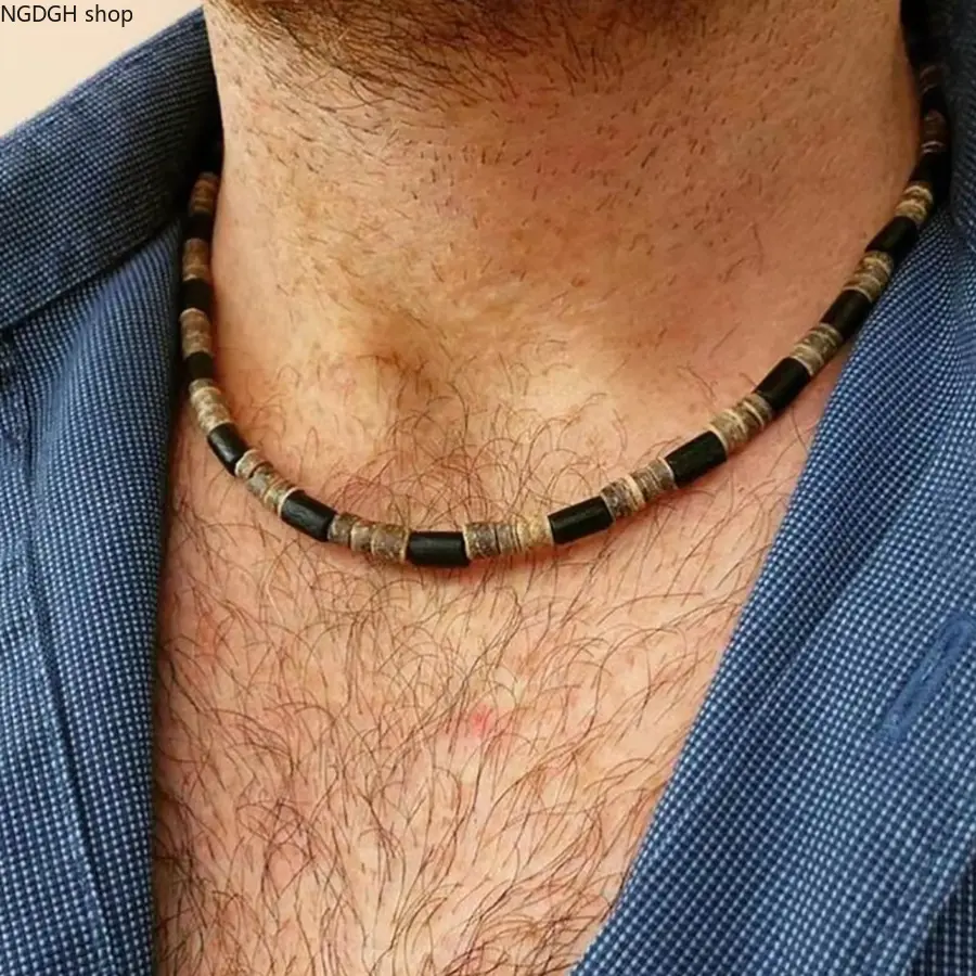 SurferNaturalWoodBeadedChoker,RetroCoconutShellBeadCollar,AdjustableClaspMensNecklace,BohoTribalAccessoryForBeachVacation,EverydayOutfit&MaleFriendGift