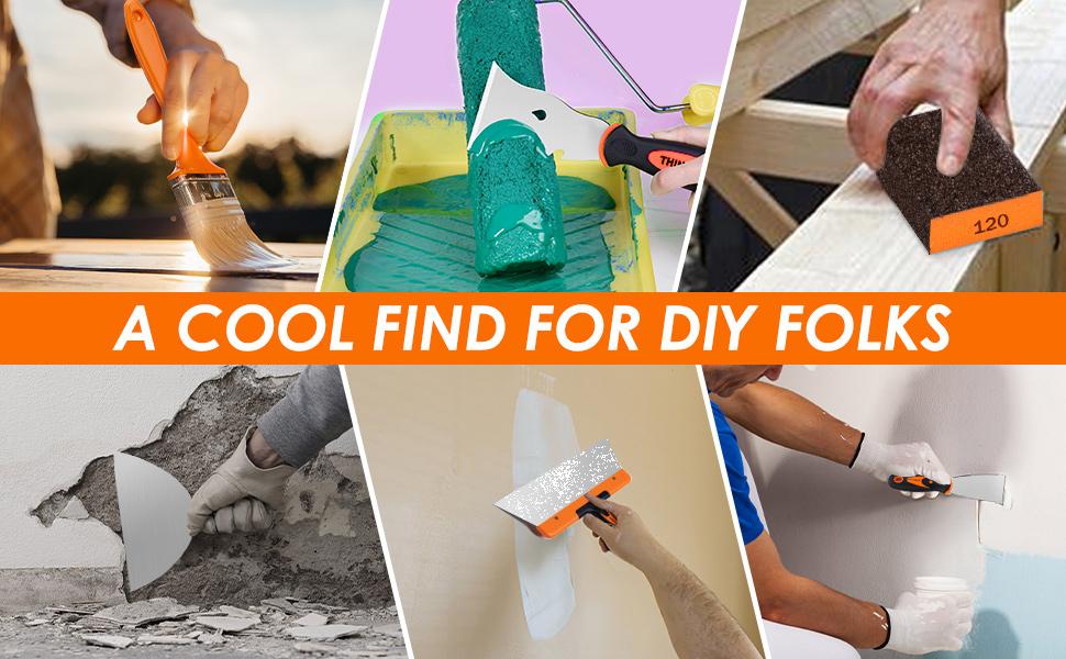 THINKWORK 14Pcs Stainless Steel Drywall Tool Set with 9 Putty Knives 3 Paint Brushes & 2 Sanding Sponges for Home Improvement Repair & Painting