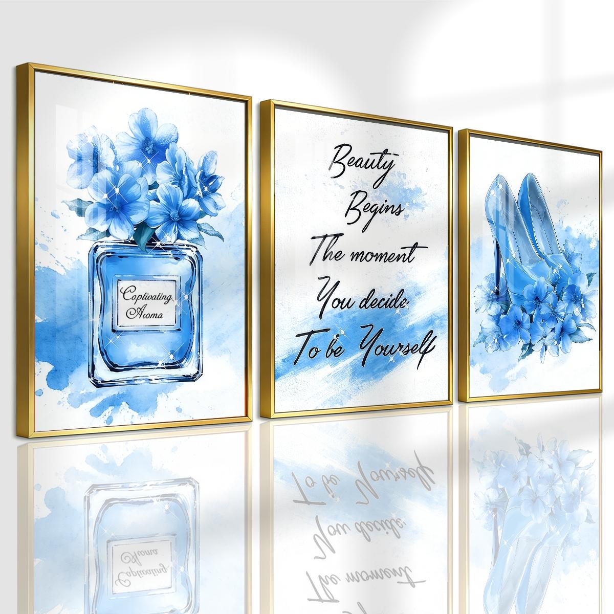 3 Counts Aluminum Alloy Framed Painting, Blue High Heels Perfume And Flowers Illustration, Home Decoration For Living Room, Bedroom, Office, Restaurant, Hallway Wall Decor, Odorless Print Artwork, Luxury Perfect Gift For Friends And Family