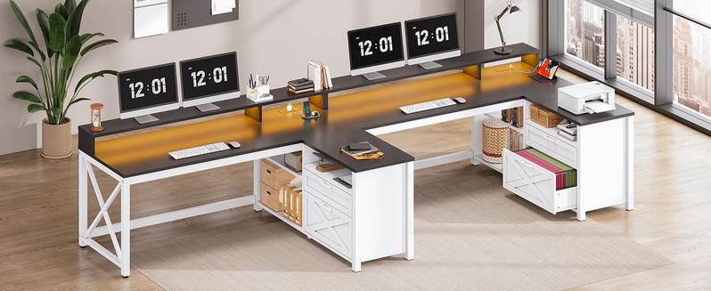 SEDETA L Shaped Gaming Desk, 55" Corner Computer Desk with Drawers, Home Office Desk with Printer Storage Shelves, Monitor Stand and LED Lights Study Organizing