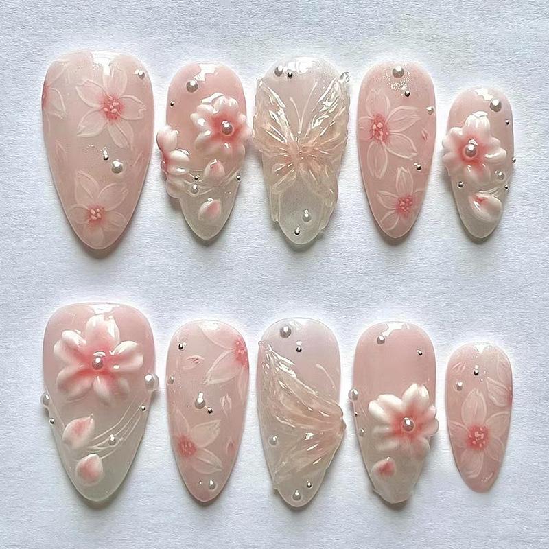 24Pcs Mid-length Gilded Almond Nails Set Press on 3D Flower Gradient Pink Full Cover False Nails Tips Pearl Reusable Fake Nails