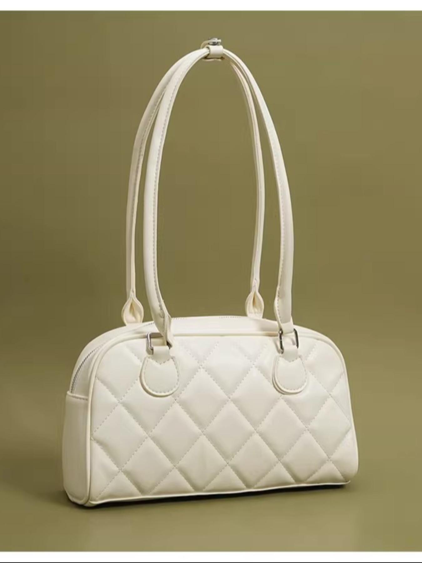 Single-shoulder bag: Cute bowling bag; Japanese sweet style artificial leather women's shoulder bag; designer custom diamond-patterned handbag; trendy retro tote bag; elegant and small daily purse; School-style commuting and date single-shoulder bag