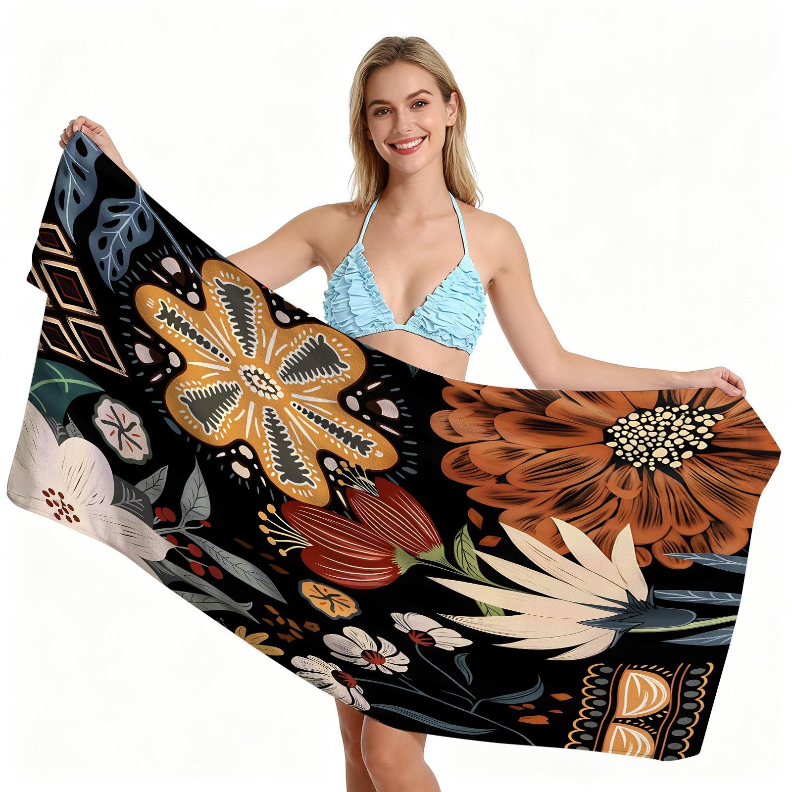 Bohemian Vintage Floral Beach Towel, Hand-painted Ethnic Totem Design, Quick Dry Absorbent Soft Skin-friendly, Ideal for Summer Beach Vacation Pool Party Use