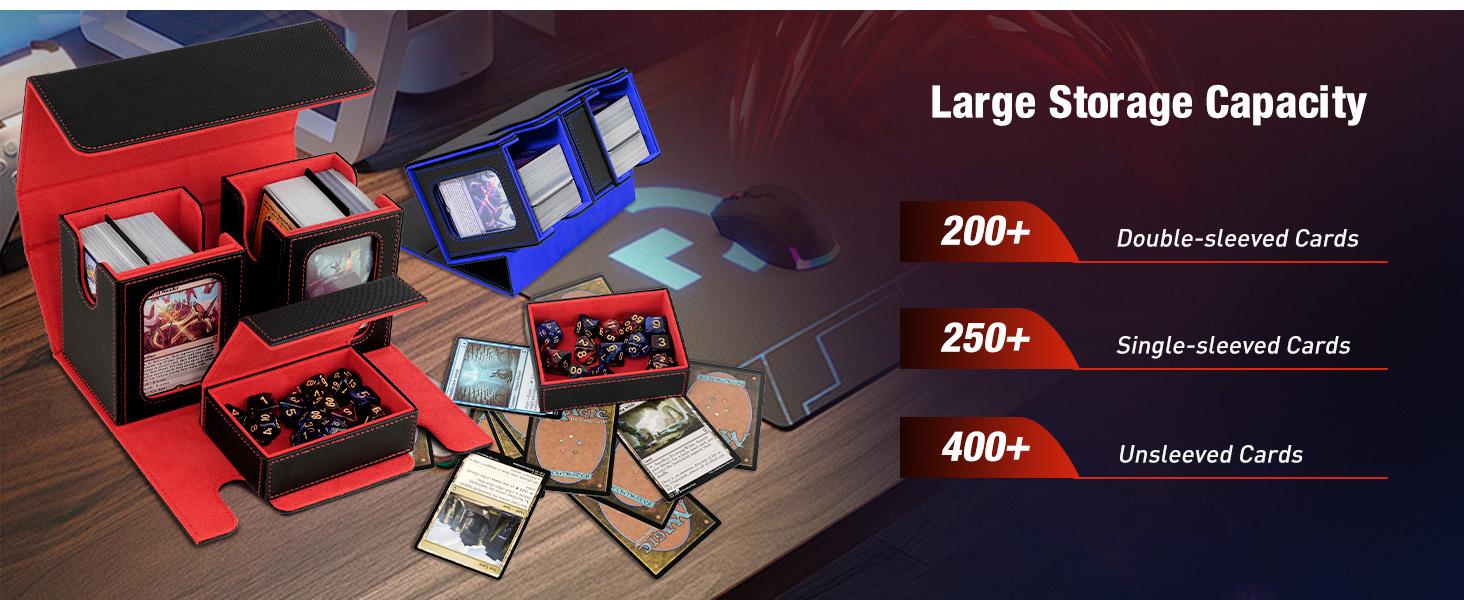 MTG Deck Box, Commander Deck Case Fits 200+ Double-Sleeved Cards, Magnetic Leather Card Storage Box with 2 Commander Display & 4Dividers & Dice Tray Fit YuGiOh TCG CCG Magic Cards, Black+Blue