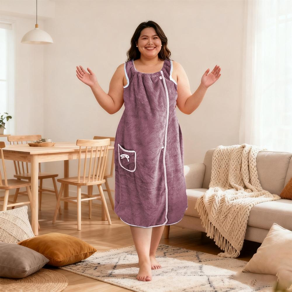 Plus Size Women's Solid Color Bathrobe, Absorbent Quick-Dry, Adjustable Wide Shoulder Straps, Available in Four Sizes, Can Be Used as Towel