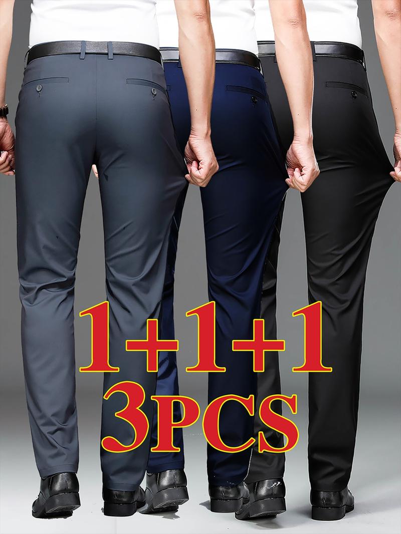 Men's New Loose Straight Leg Elastic Plain Business Pants, All Seasons, Anti-Wrinkle Comfortable Casual Workwear, Casual Fashion Trousers, 3 Piece Set Men's New Loose Straight Leg Elastic Plain Business Pants, All Seasons, Anti-Wrinkle Comfortable Casual Workwear, Casual Fashion Trousers, 3 Piece Set