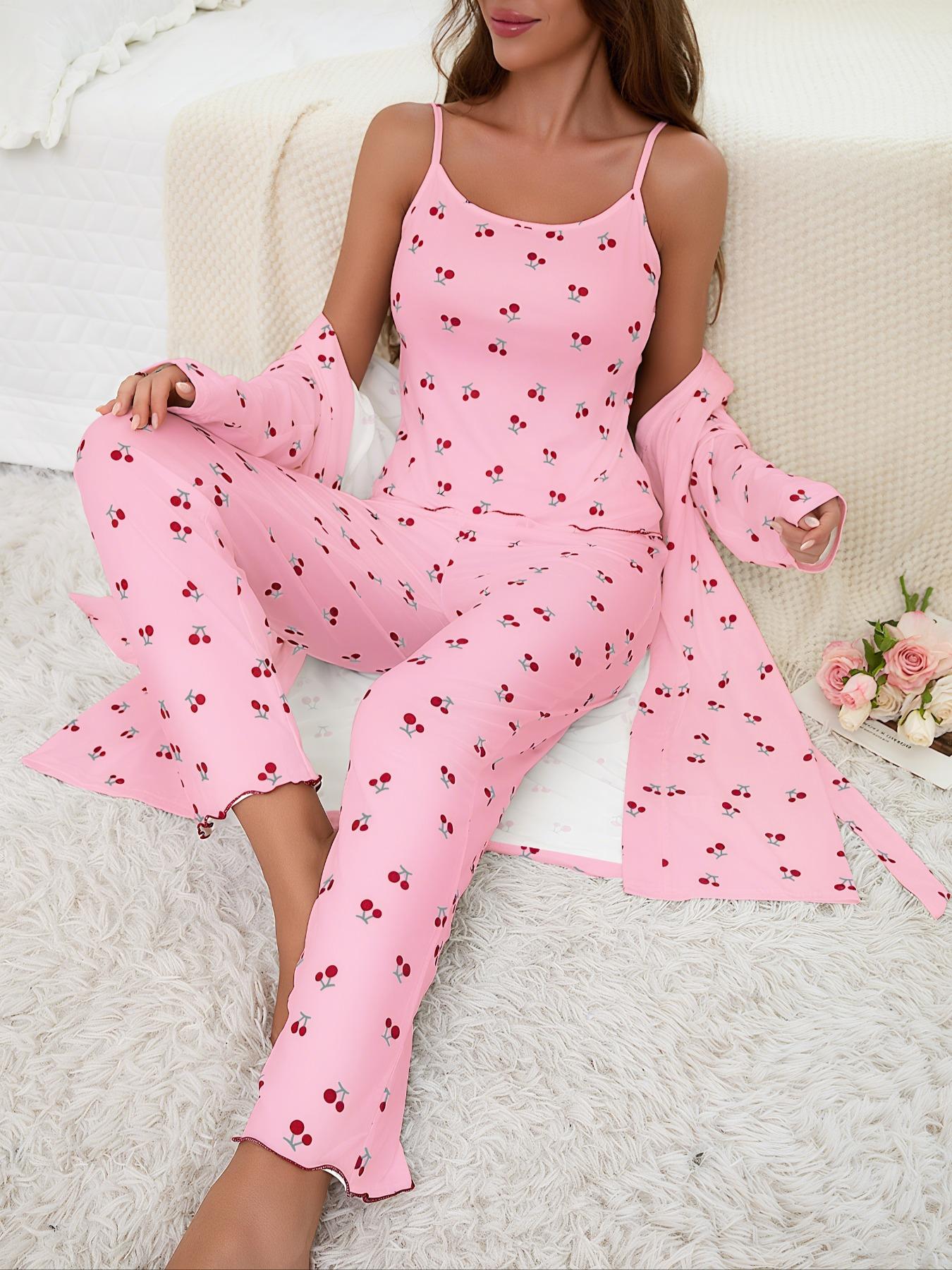 Cherry Print Women's Nightgown Set + Strap Pants, Comfortable Casual Home Wear, All-Season Fitted Sleepwear, Moderate Fabric