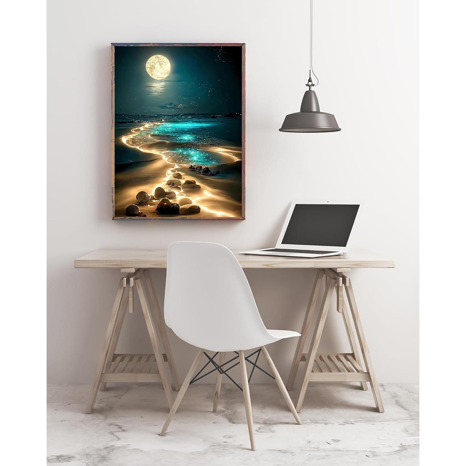 Adult Moonlight Beach Diamond Painting Kit, 5D Coastal Moonlight Diamond Art Set for Beginners, DIY Full Drill Diamond Painting, Home Wall Decor, 12x16 Inches