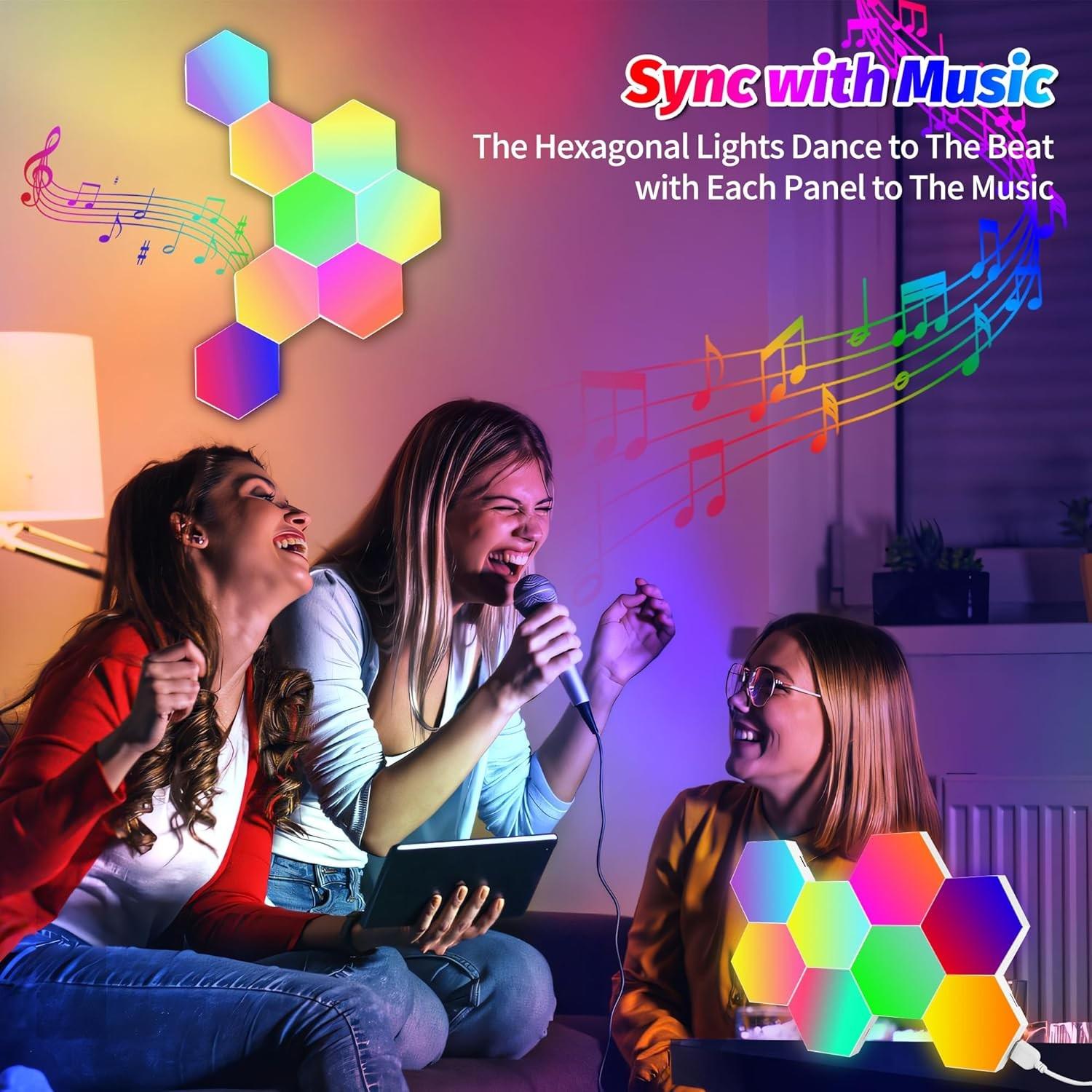 Hexagonal Wall Light Panel, Smart APP RGB Hexagon LED Modular Strip Remote Control, Music Sync Function for Gaming Room, Living Room, Bedroom