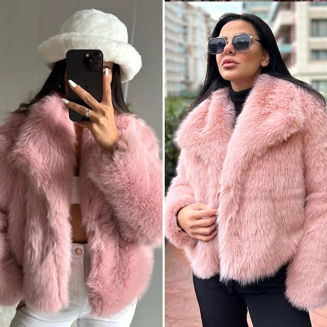 Buenoble Women's Brown Faux Fur Coat Winter Fluffy Short Jacket Warm Fuzzy Oversized Outwear Top Shaggy Collar Full Lining Short Jacket with Side Pockets SpringStatements