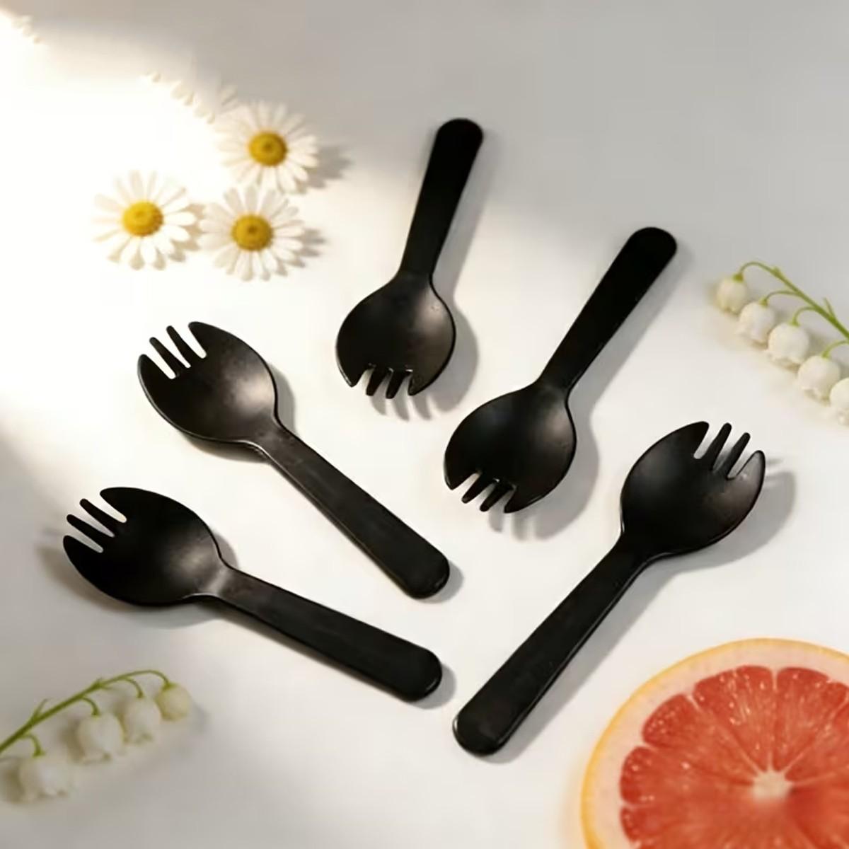 50/100/300/500pc black fork and spoon, perfect for desserts, ice cream, cakes, mousse, pudding, durian, fruit salad, etc., are the best choice for New Year, Valentine's Day, family gatherings, and outdoor camping