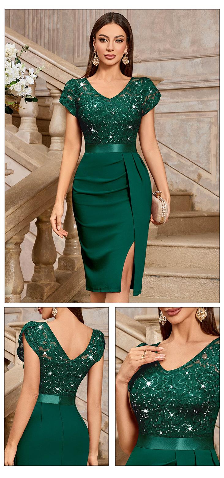 MIUSOL 54347A Women's Sequin Floral Lace V Neck Elegant Ruffle Ruched Style Slim Fit Cocktail Party Chic Womenswear Formal Dress