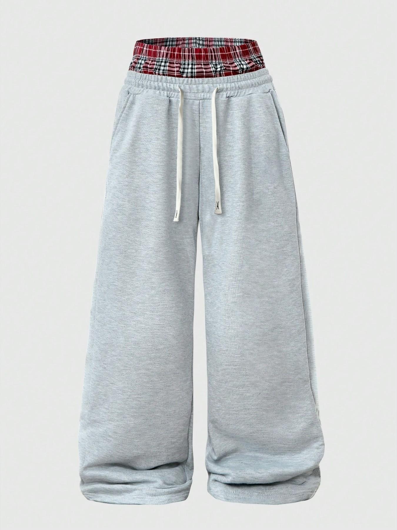 1 Piece Men's Baggy Sweatpants High Street Y2K Grunge Layered Plaid Waistband Wide Leg Drawstring Trousers Male Skateboard Casual Pants Grey