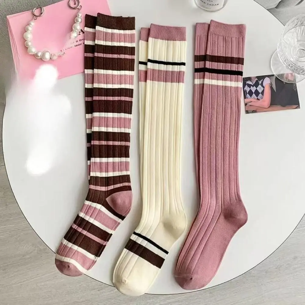 Breathable High-Calf Sports Socks, 3-Pair Pink Striped Japanese-Style Sweet Socks for JK Uniform, Suitable for Spring, Autumn Wear