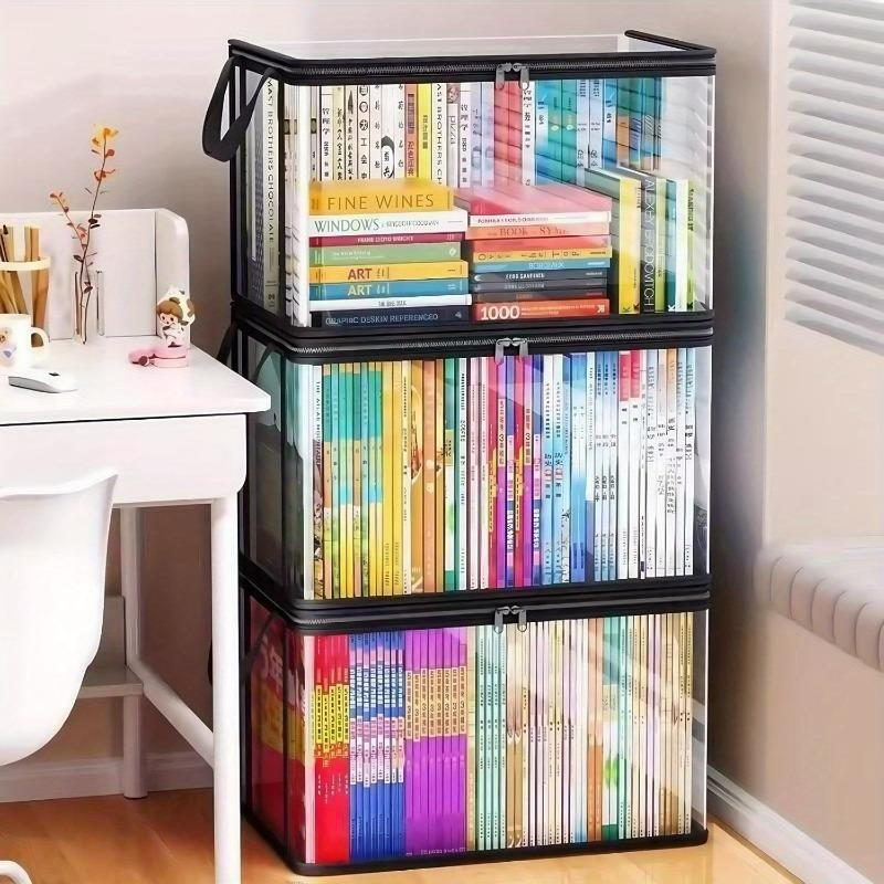 Heavy-duty transparent book storage bag - sturdy handle design, zippered folder protective cover, suitable for home, office, school and library - ideal for storing books, magazines, reports and presentations, a must-have for home organization