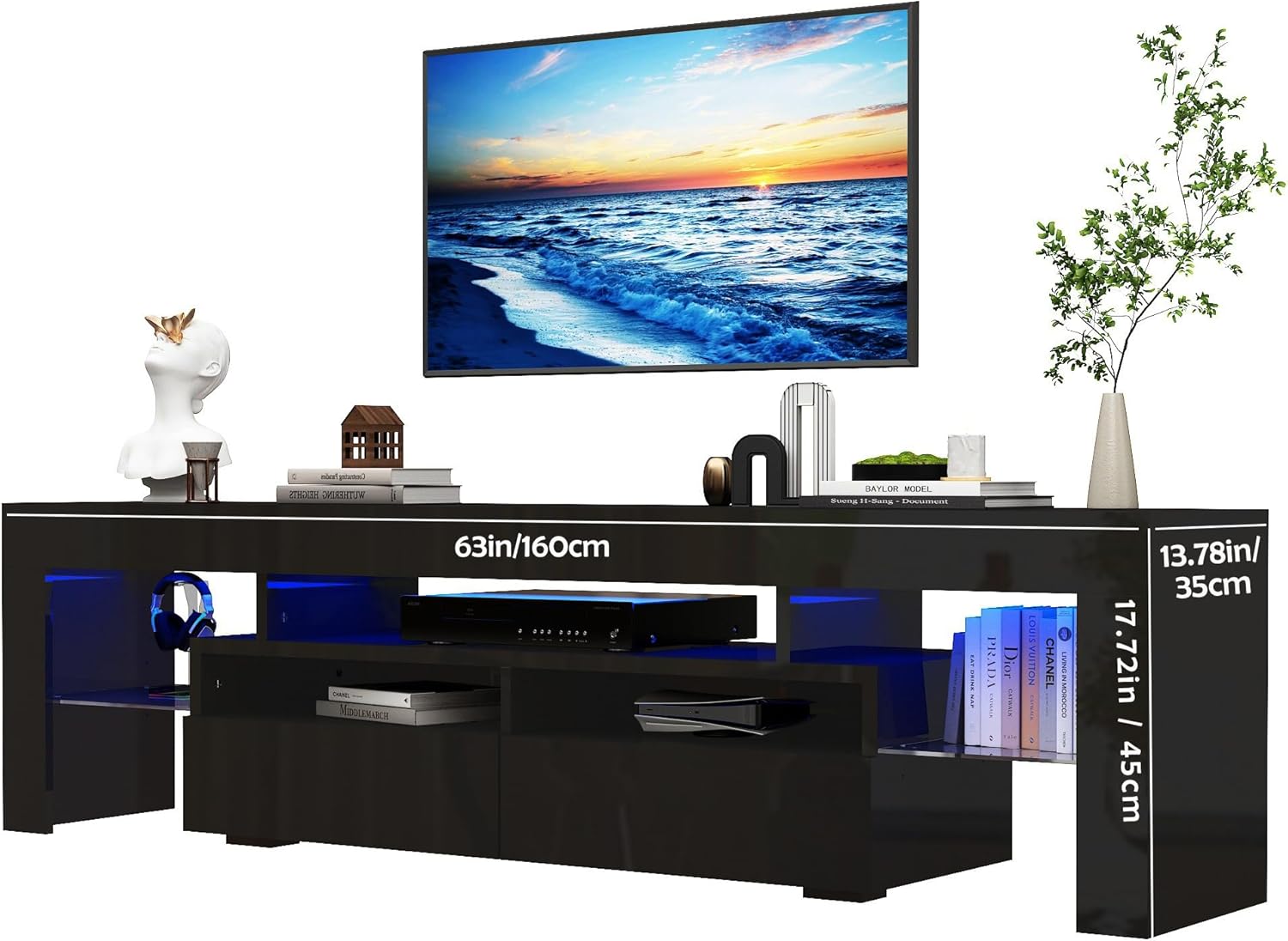 TV Stand with 16 Color LED Lights, Media Console with Drawer and Glass Open Shelf for 65/75/85/90/100 inch TV, Modern Gloss Entertainment Center for Living Room, Black/white
