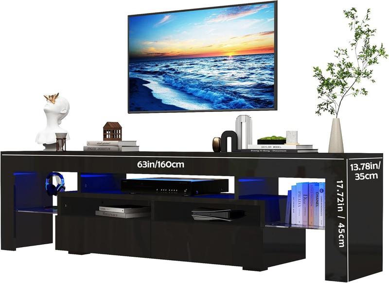 TV Stand with 16 Color LED Lights, Media Console with Drawer and Glass Open Shelf for 65/75/85/90/100 inch TV, Modern Gloss Entertainment Center for Living Room, Black/white
