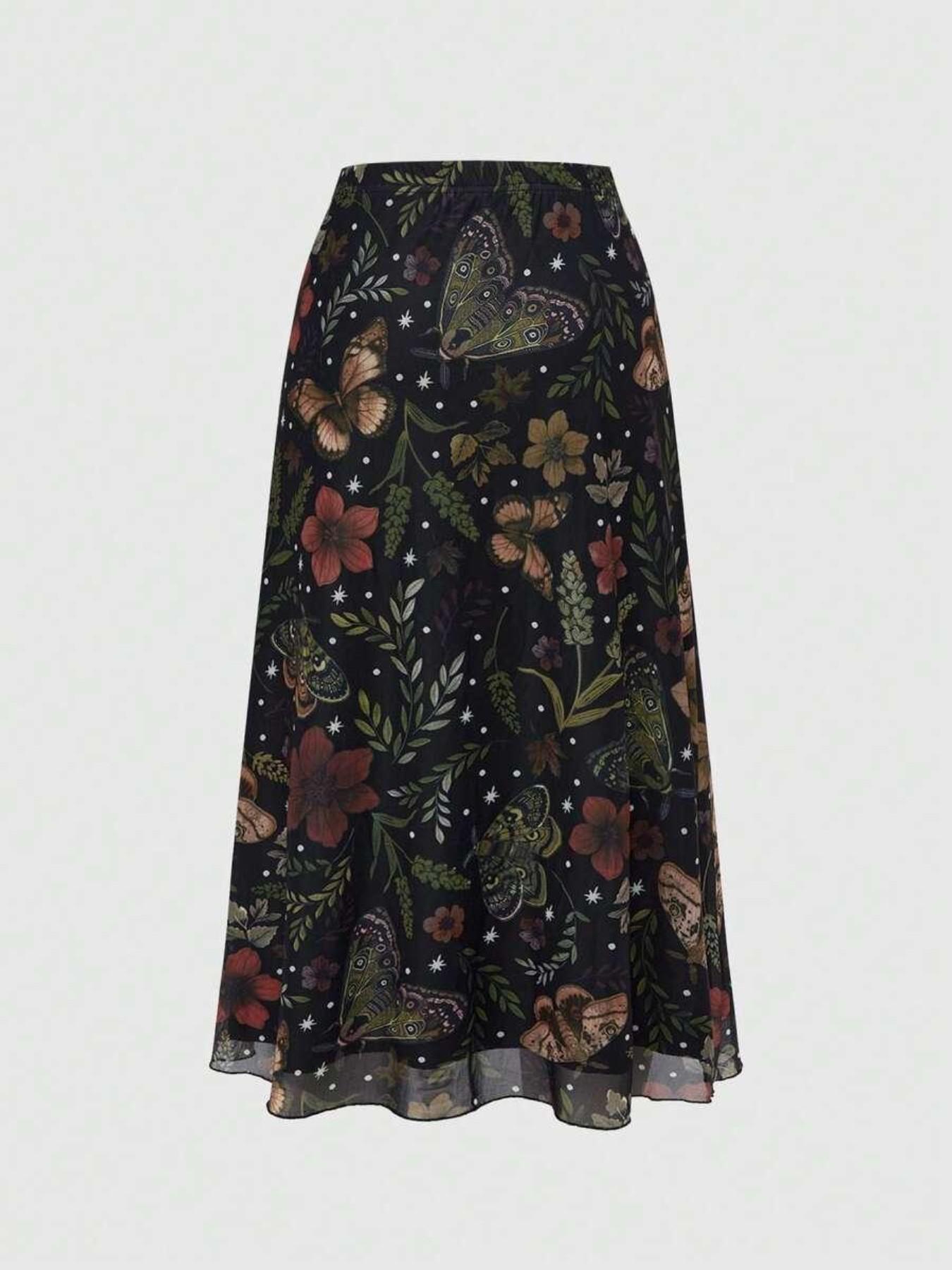 Fairycore Gothic A-Line Skirt, Bohemian, Casual Boho Skirt, Bat Skull Moon Pumpkin Print, Boho Plant Leaf Butterfly Maple Mushroom Floral Design, Elegant Party Dress, All-Season Long Skirt, Elastic, Bottom