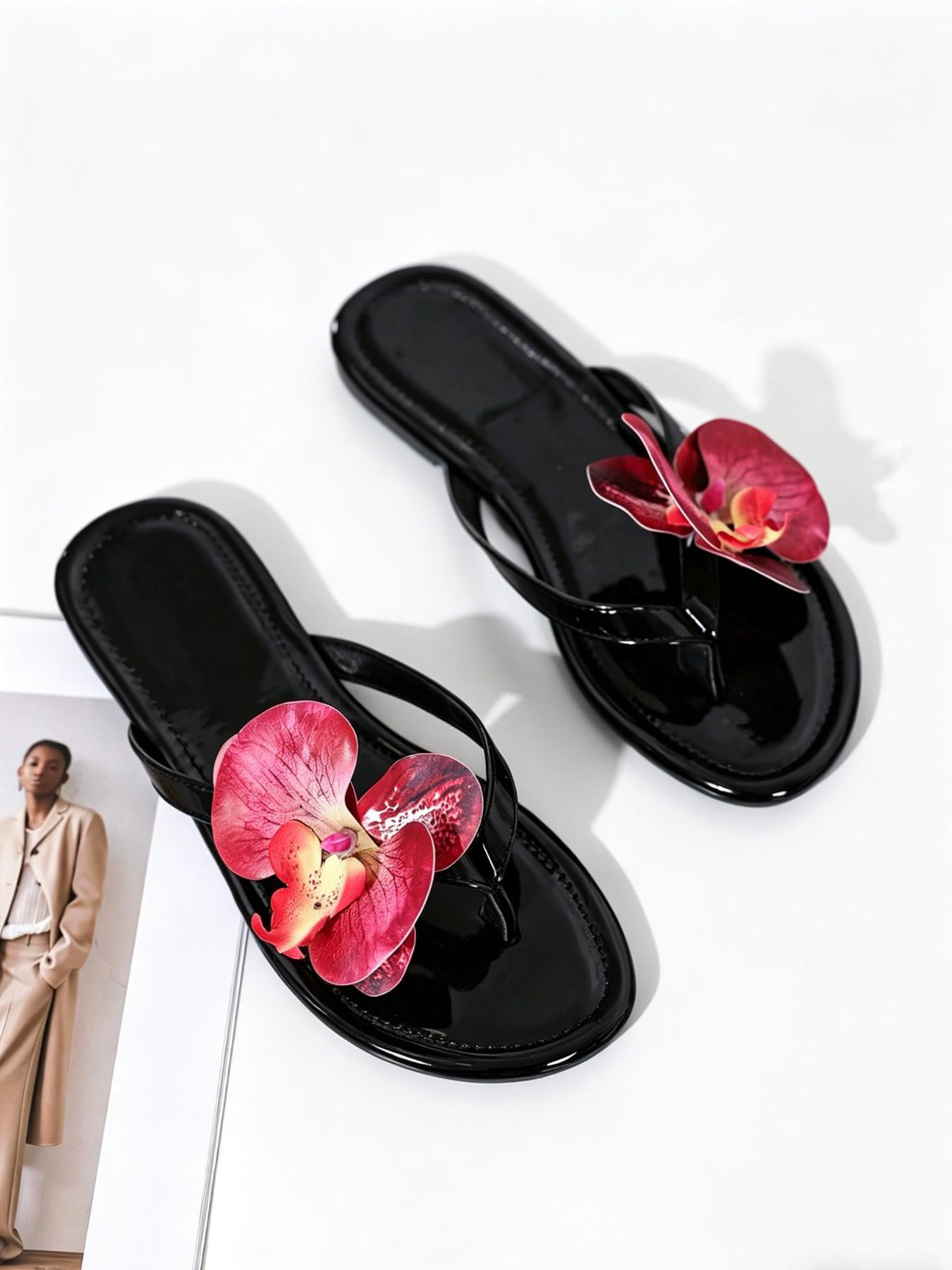 Women's Patent Leather Sandals, 3D Butterfly Orchid Flower Decoration, Flat Sole Slip-On Summer Beach Vacation Casual Shoes