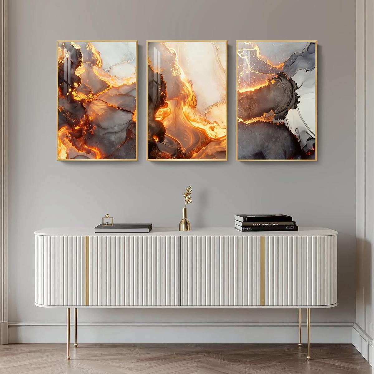 3 Counts Aluminum Alloy Framed Painting, Abstract Golden Lava Flow Pictures, Home Decoration For Living Room, Bedroom, Office, Restaurant, Hallway Wall Decor, Odorless Print Artwork, Luxury Perfect Gift For Friends And Family