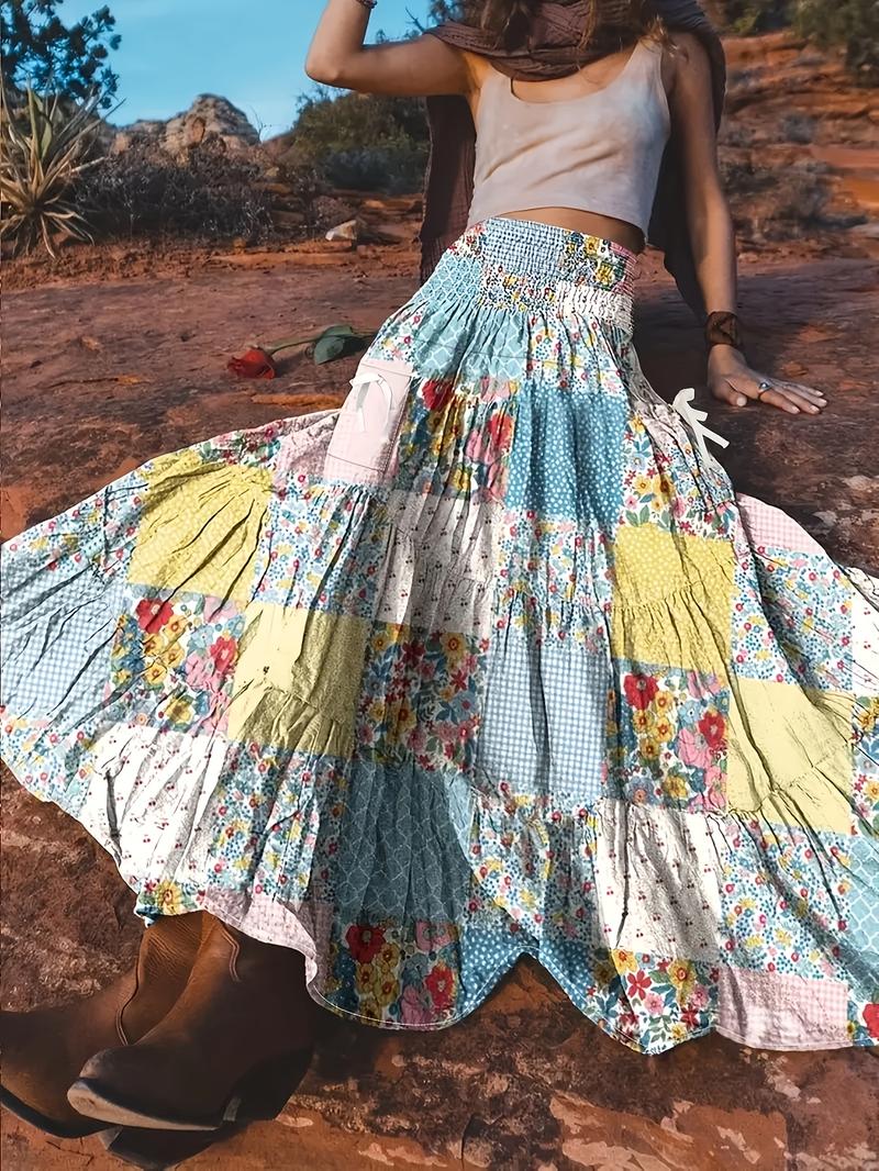 Plus Size Colorblock Print Pocket Skirt, Casual Waist Tie Long Half Skirt, Comfortable and Stylish Women's Fashion