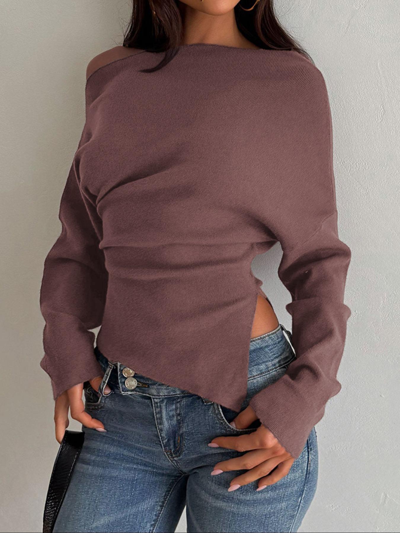 Women's Casual Fashion Asymmetrical Neckline Long-Sleeve Sweater, Slim-Fit Thin Knit Top for Fall, Plain Design Knitwear