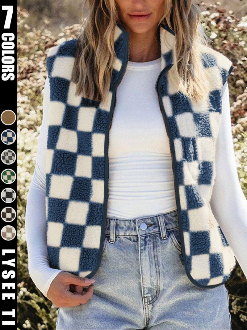 Ins style checkerboard plush vest women's autumn and winter outerwear short style shoulder retro square grid loose vest jacket top