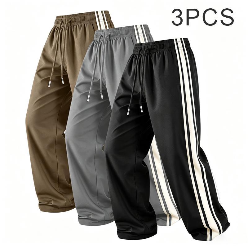 Men’s 3-pack athletic sweatpants with side stripes, classic retro style, comfortable straight-leg pants, loose and practical lightweight casual trousers for everyday commuting, sports, and home—wide-leg design.