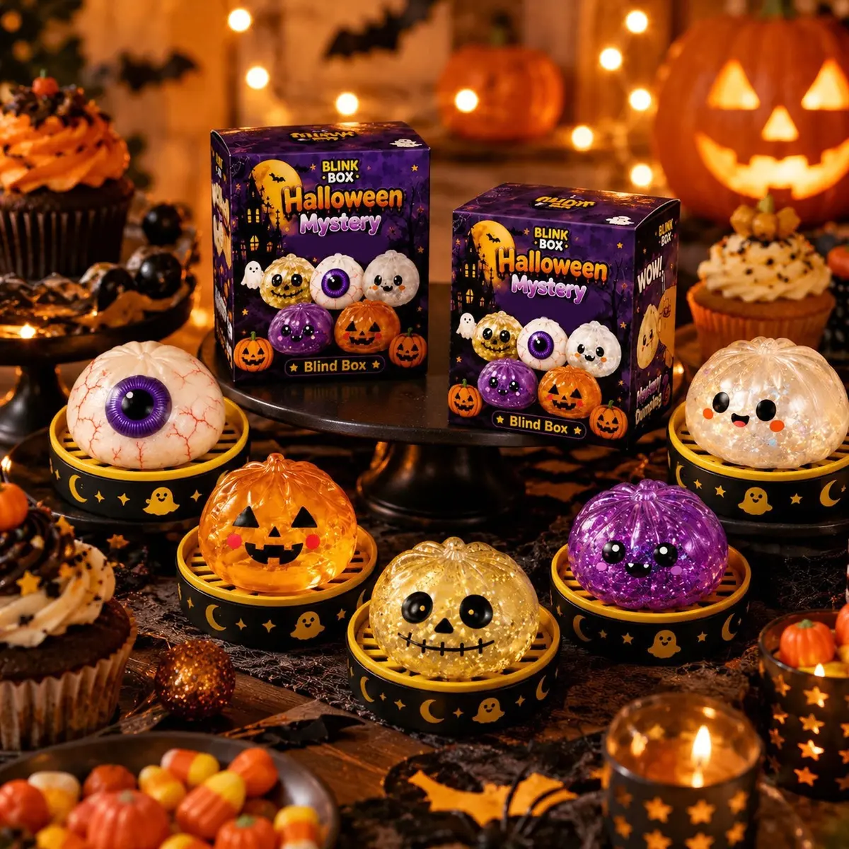 Halloween Spooky Rubber Dumpling Squishy Fidget Toy - Slow Rising Stress Relief Ornament, Cute Car Interior Decoration with Gift Box