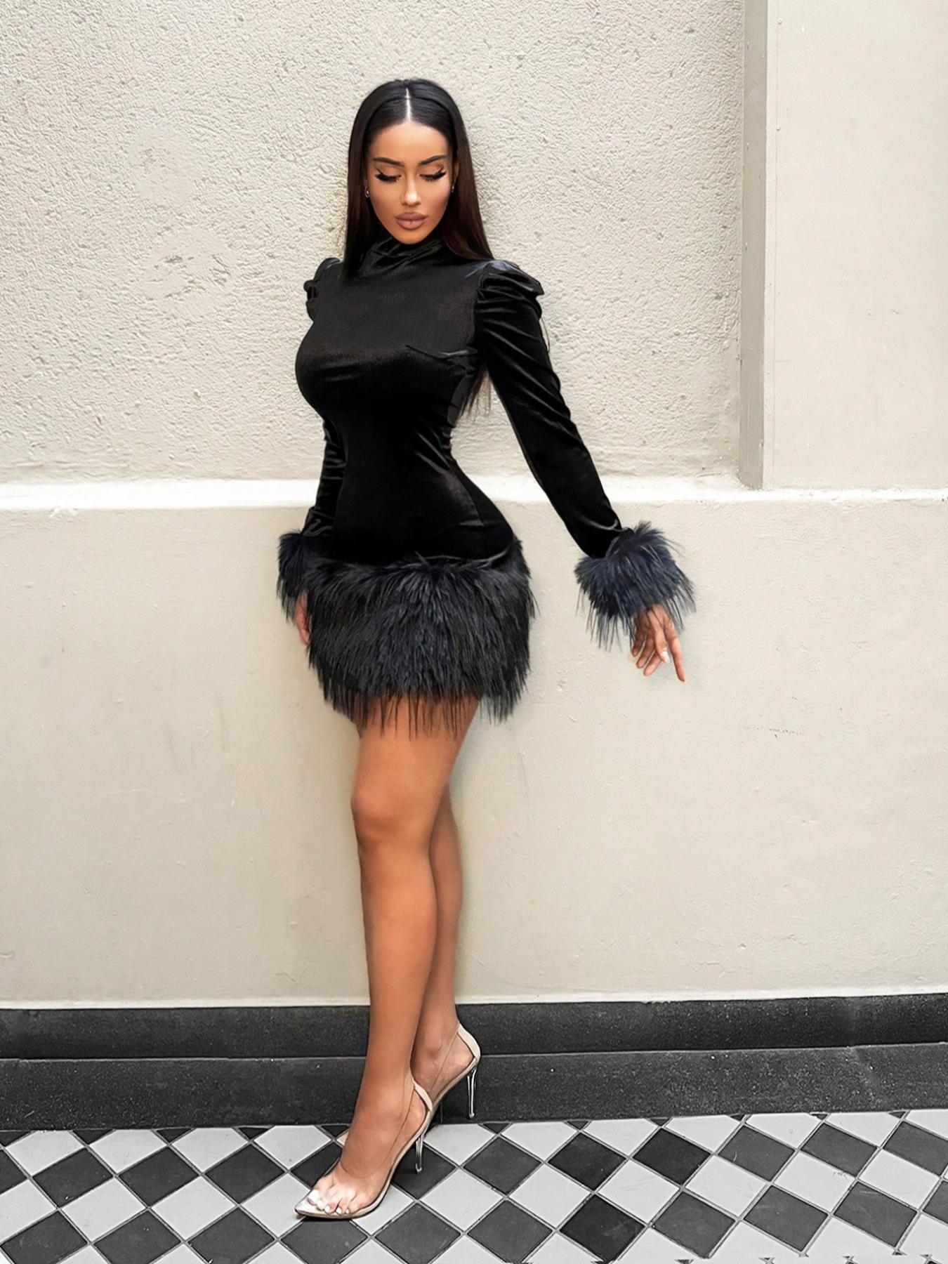 Women's Velvet Feather Patchwork Tight-Fitting Round Neck Long Sleeve Formal Evening Dress, Fall Winter Fashion Party Gown