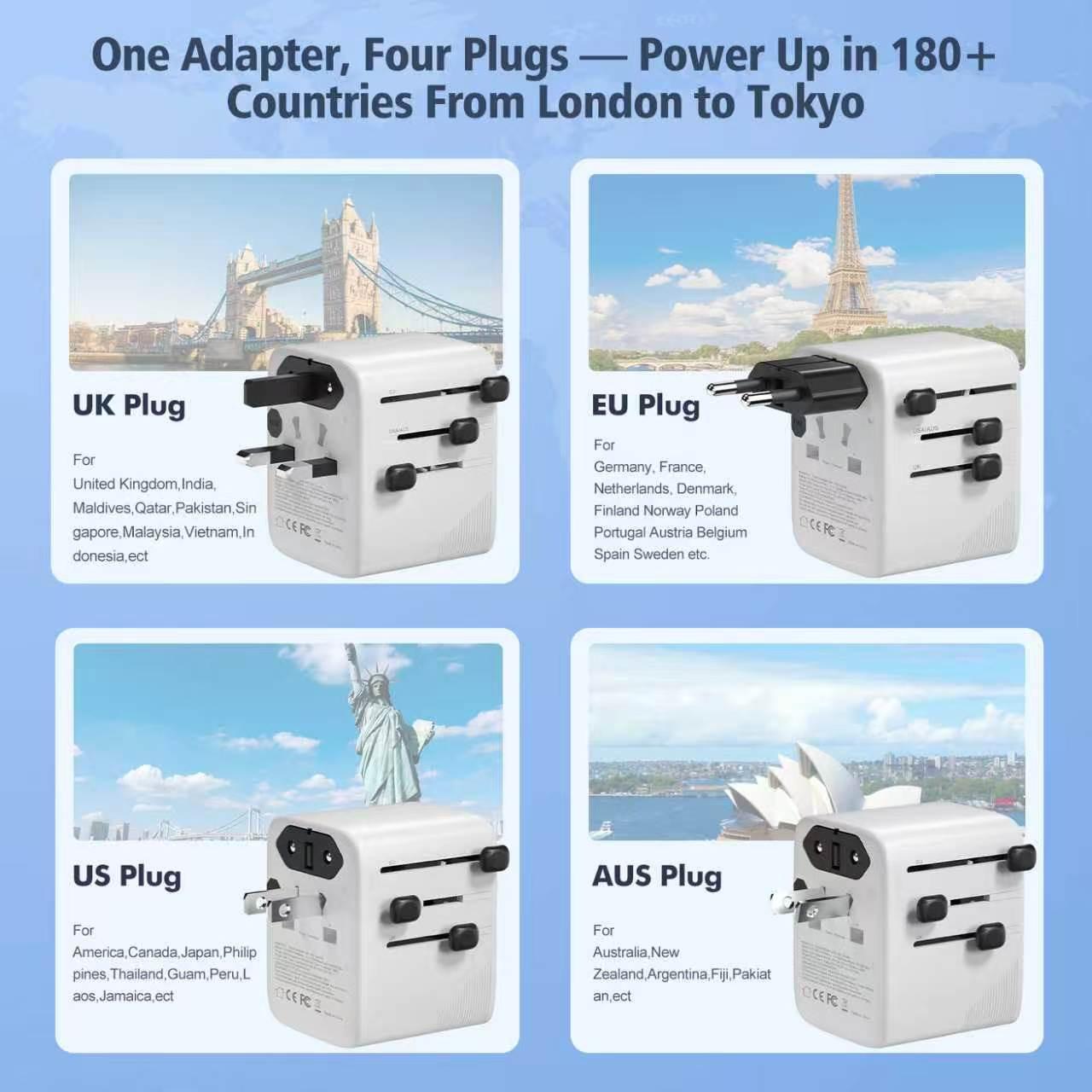 20w Global Travel Adapter Plug, 1a3c Multi-Port Fast Charging Universal Power Converter, Compatible with Uk Us Eu Au Sockets
