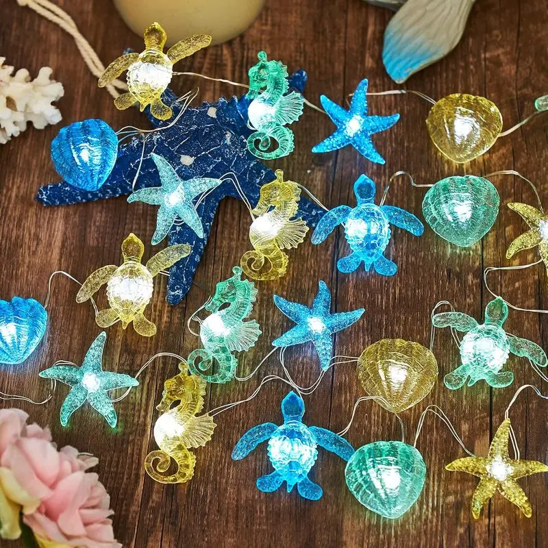 Outdoor sports Ocean Beach themed Sea Life Cute Fairy Decorative String Lights Battery Operated, Seahorse Starfish Sea Turtle Clam Nautical Rope Lights Lit by 30 LEDs 10 ft for Holiday Camping Mermaid Wedding