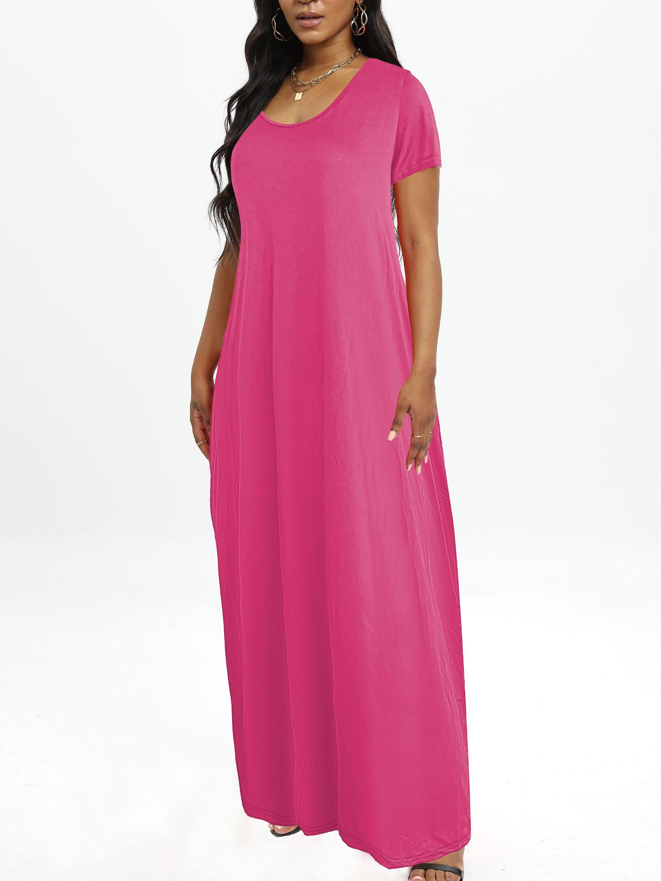 Plus Size Round Neck Short Sleeve Maxi Dress, Loose Flowy Hem, Curvy Friendly Long Dress